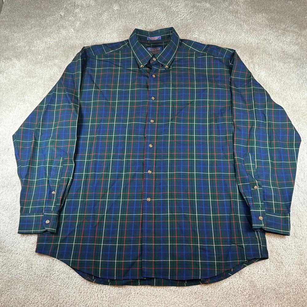 Pendleton Button Down Shirt Mens XL Green Blue Plaid Sir Pendleton Worsted Wool